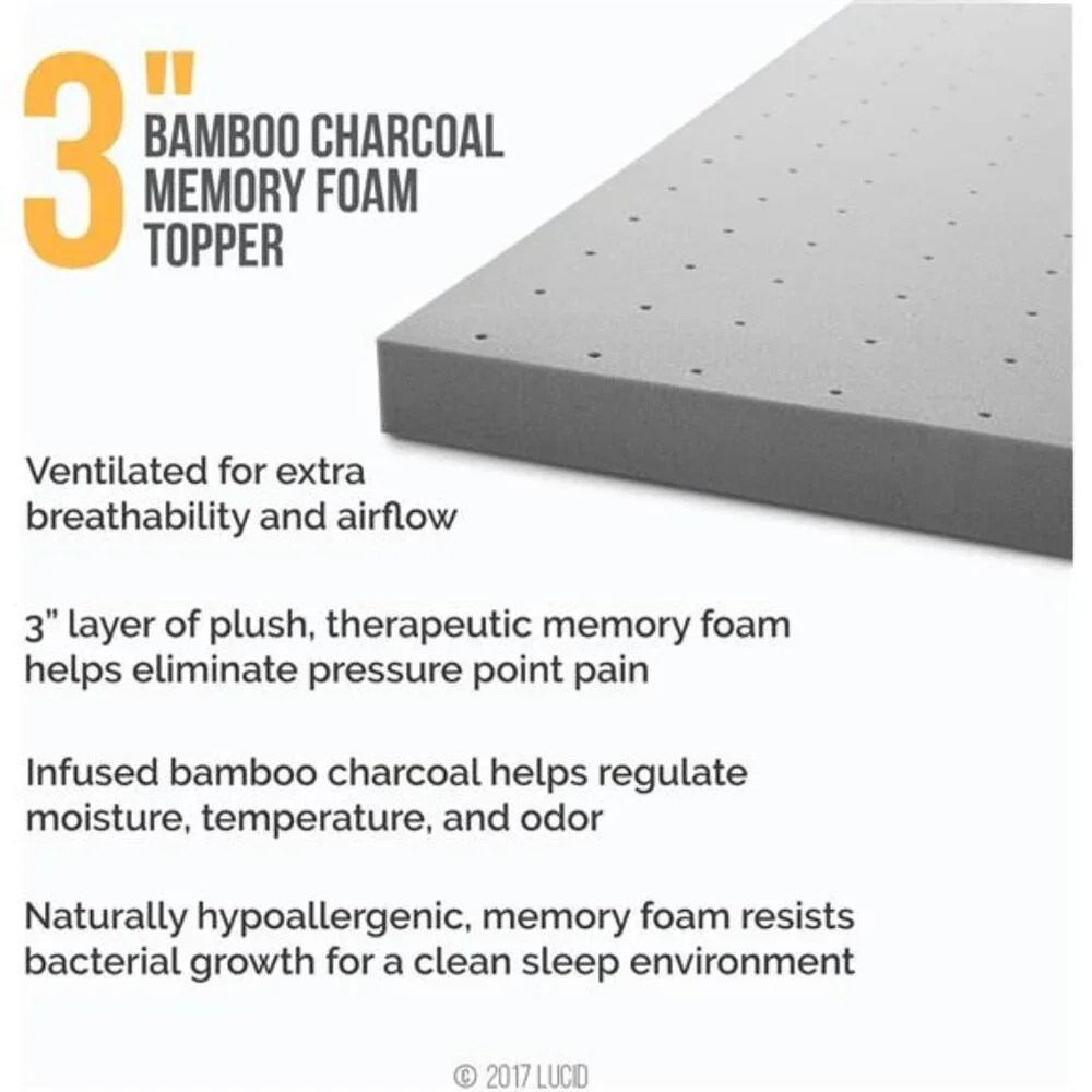 3 Inch Ventilated Bamboo Charcoal Memory Foam Mattress Topper - Twin XL